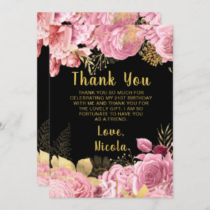 Elegant Pink and Gold Flowers Birthday Party Thank You Card