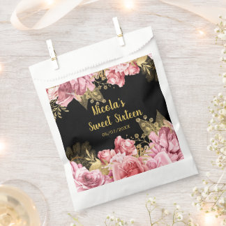 Elegant Pink and Gold Flowers Sweet Sixteen  Favour Bag