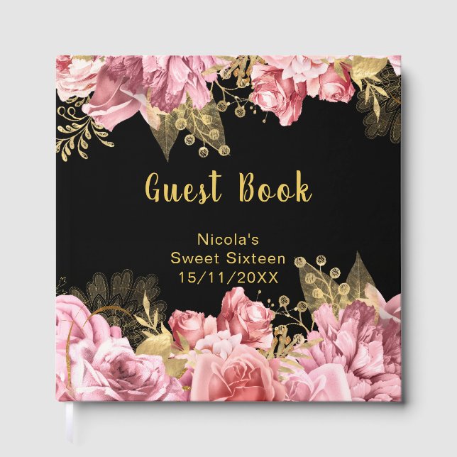 Elegant Pink and Gold Flowers Sweet Sixteen Guest Book (Front)