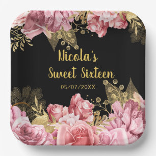 Elegant Pink and Gold Flowers Sweet Sixteen Paper Plate