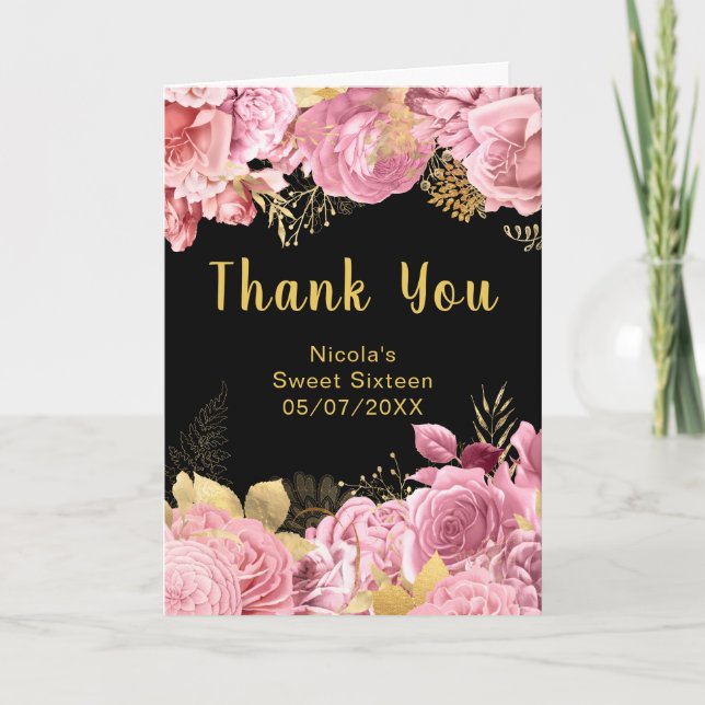 Elegant Pink and Gold Flowers Sweet Sixteen Thank You Card (Front)