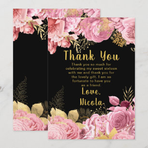 Elegant Pink and Gold Flowers Sweet Sixteen Thank You Card
