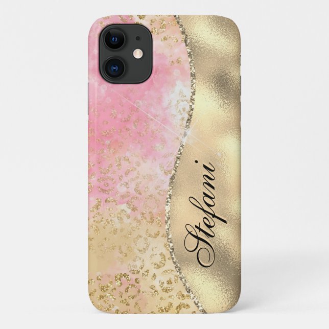 Elegant Pink and Gold Foil Leopard Personised Case-Mate iPhone Case (Back)