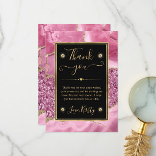 Elegant Pink and Gold Glitter Agate Sweet 16 Thank You Card