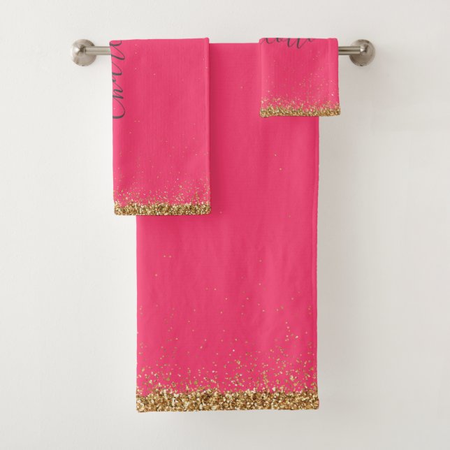 Elegant Pink and Gold Glitter Girly Bath Towel Set (Insitu)