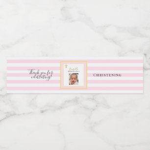 Elegant Pink and Gold Photo Christening Party Water Bottle Label