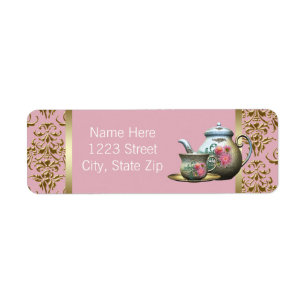 Elegant Pink and Gold Teapot Address Labels