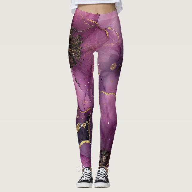 elegant pink and gold watercolor flower design leggings (Front)