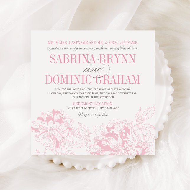 Elegant Pink and Gray Floral Peony Wedding Invitation (Creator Uploaded)