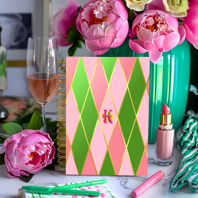 Elegant Pink and Green Argyle  Notebook (Chic Stylish Business Pink and Green Notebook )