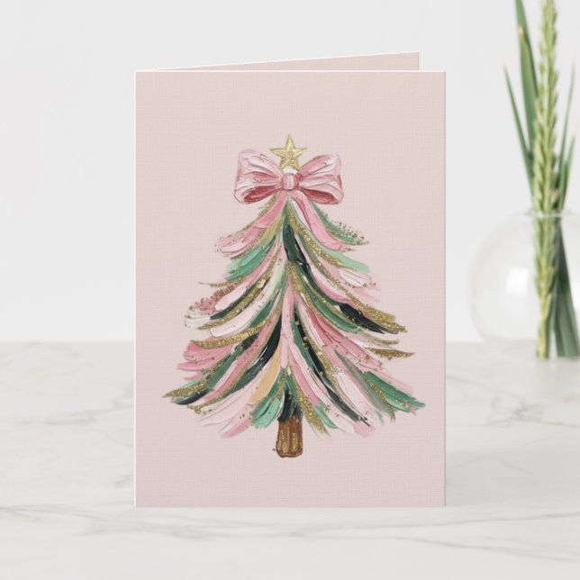 Elegant Pink and Green Brushstroke Christmas Tree  Card (Front)
