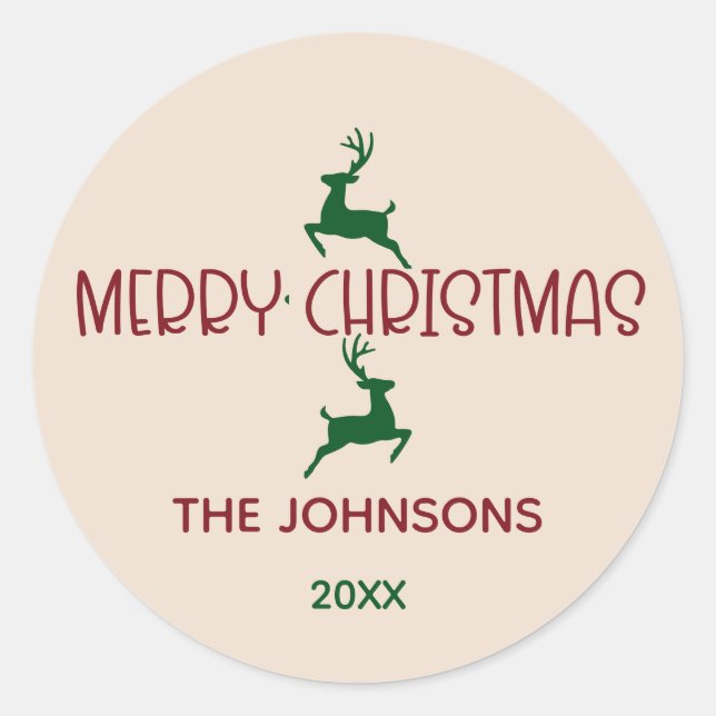 Elegant Pink and Green Deer Christmas Envelope Classic Round Sticker (Front)
