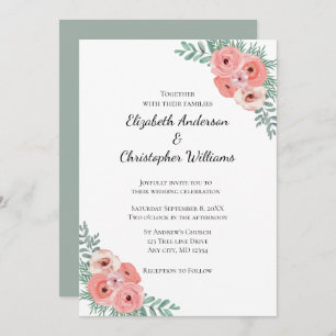 Elegant Pink and Green Floral Watercolor Wedding  Invitation