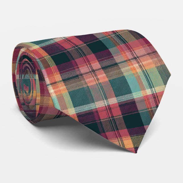 Elegant Pink and Green Plaid Gingham Pattern Tie (Rolled)
