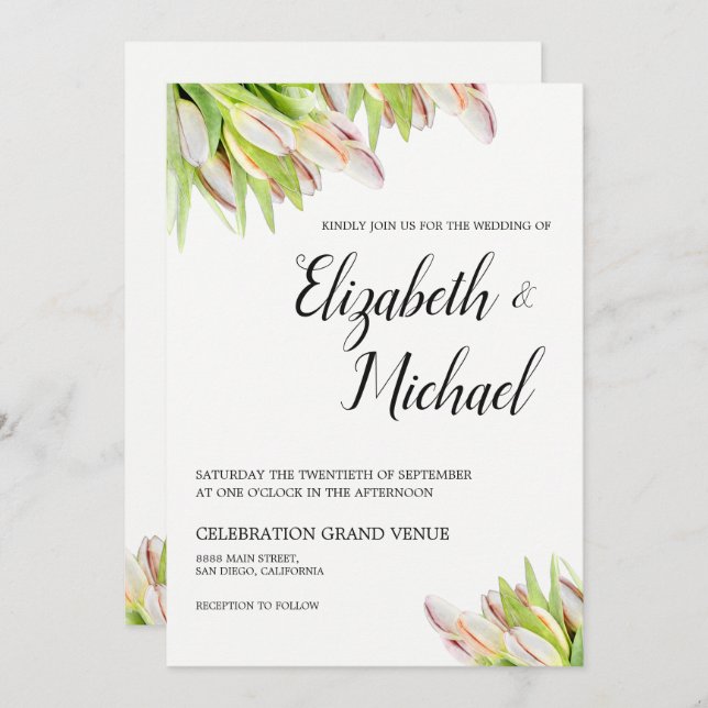 Elegant Pink and Green Tulip Wedding Watercolor Invitation (Front/Back)