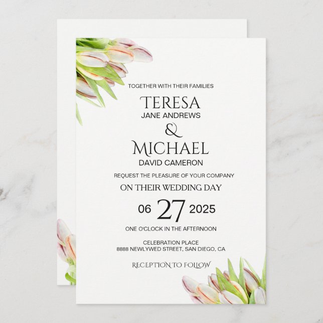 Elegant Pink and Green Tulip Wedding Watercolor Invitation (Front/Back)