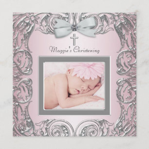 Elegant Pink and Grey Christening Invitations