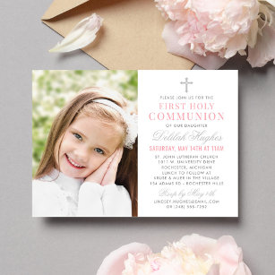 Elegant Pink and Grey First Communion Girl Photo Invitation