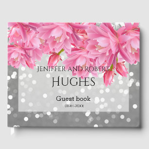 Elegant Pink and Grey Floral Lace Wedding Guest Book