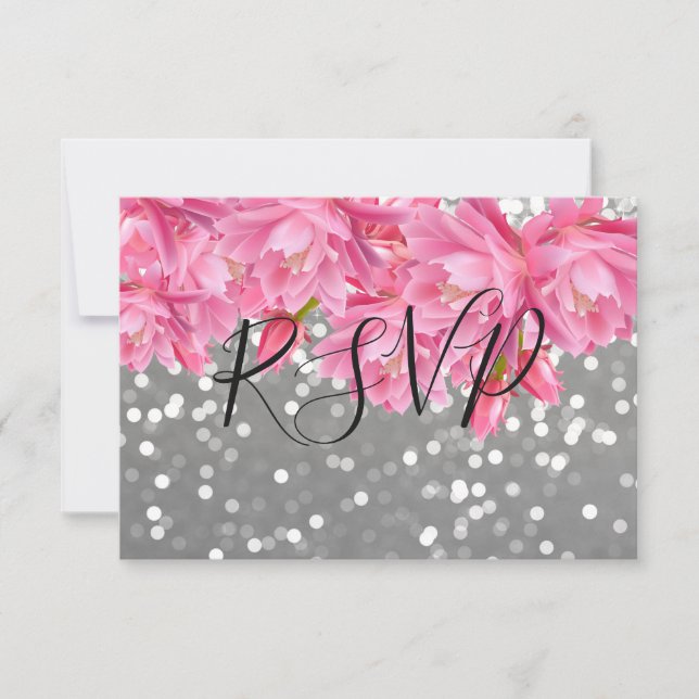 Elegant Pink and Grey Floral Lace Wedding RSVP Card (Front)