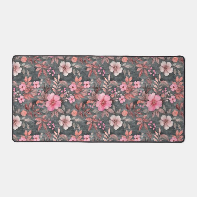 Elegant Pink and Grey Floral Patterned Desk Mat (Front)