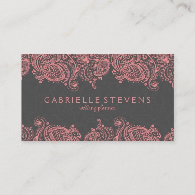 Elegant Pink And Grey Paisley Lace Business Card (Front)