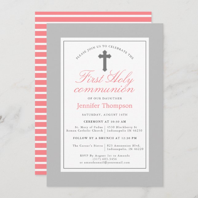 Elegant Pink and Grey Stripes First Communion Invitation (Front/Back)