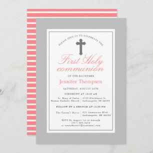 Elegant Pink and Grey Stripes First Communion Invitation