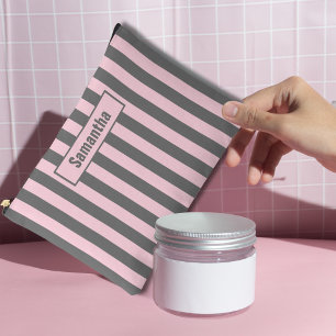 Elegant Pink and Grey stripes Minimalist Custom Accessory Pouch