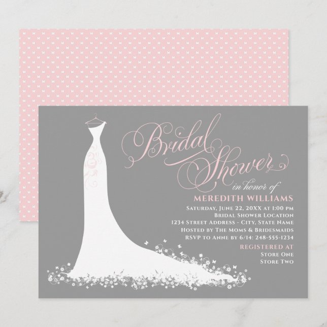 Elegant Pink and Grey Wedding Gown Bridal Shower Invitation (Front/Back)