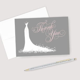 Elegant Pink and Grey Wedding Gown Bridal Shower Thank You Card