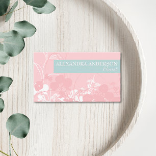 Elegant Pink And Light Grayish Cyan Floral Minimal Business Card