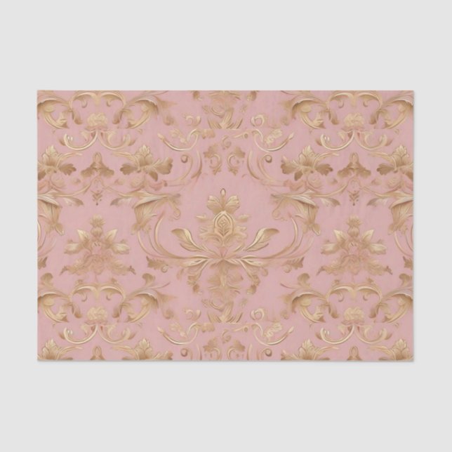 Elegant Pink and Metalic Gold Damask Decoupage Tissue Paper (Front)