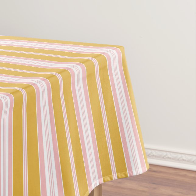 Elegant Pink and Mustard French Ticking Stripes Tablecloth (In Situ)
