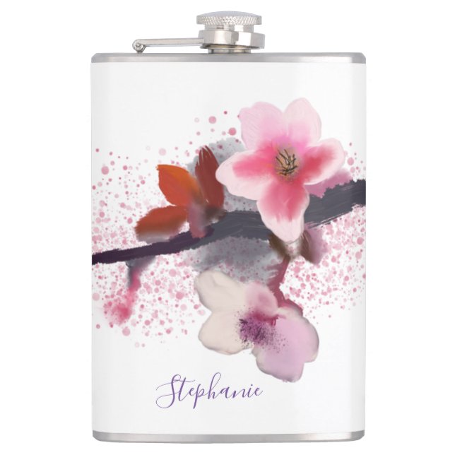 Elegant Pink and Purple Cherry Blossom Hip Flask (Front)