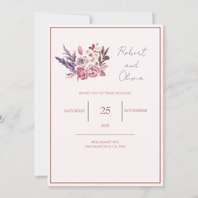 "Elegant Pink and Purple Floral Wedding" Invitation (Front)