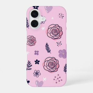 Elegant pink and purple flower motif design iPhone 16 case