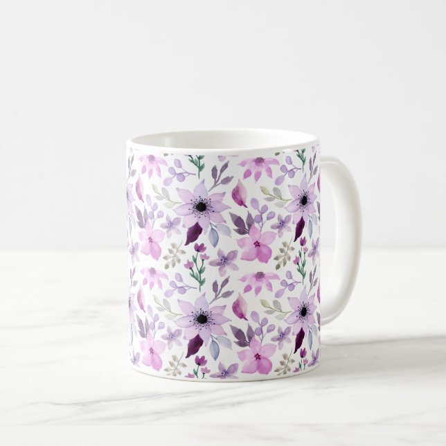 Elegant Pink and Purple Flower Pattern Coffee Mug (Front Right)