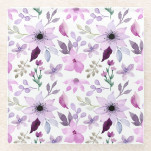 Elegant Pink and Purple Flower Pattern Glass Coaster