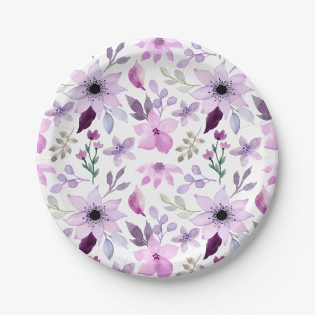 Elegant Pink and Purple Flower Pattern Paper Plate (Front)