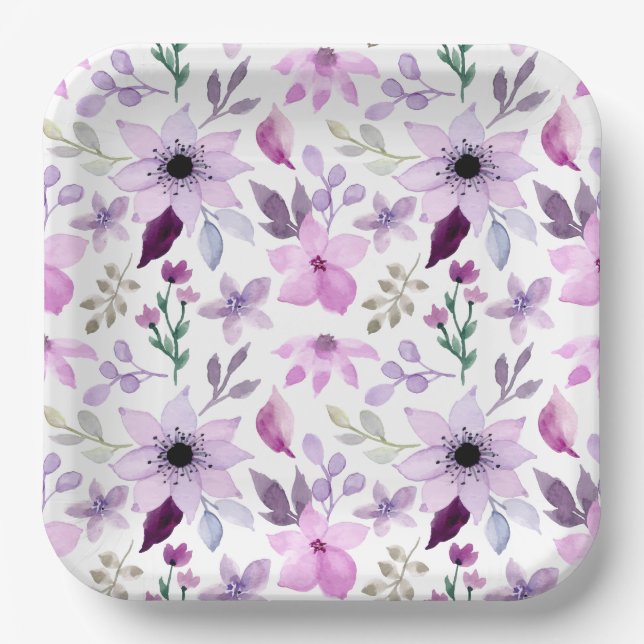 Elegant Pink and Purple Flower Pattern Paper Plate (Front)