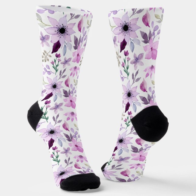 Elegant Pink and Purple Flower Pattern Socks (Angled)