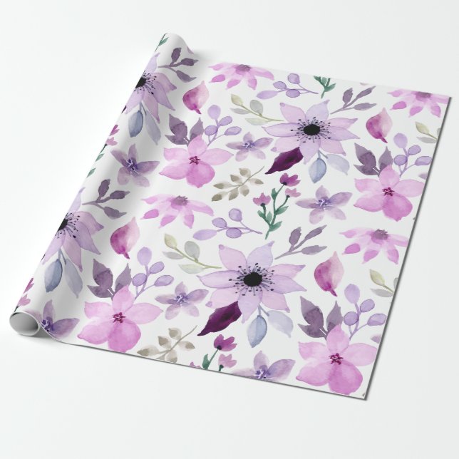 Elegant Pink and Purple Flower Pattern Wrapping Paper (Unrolled)