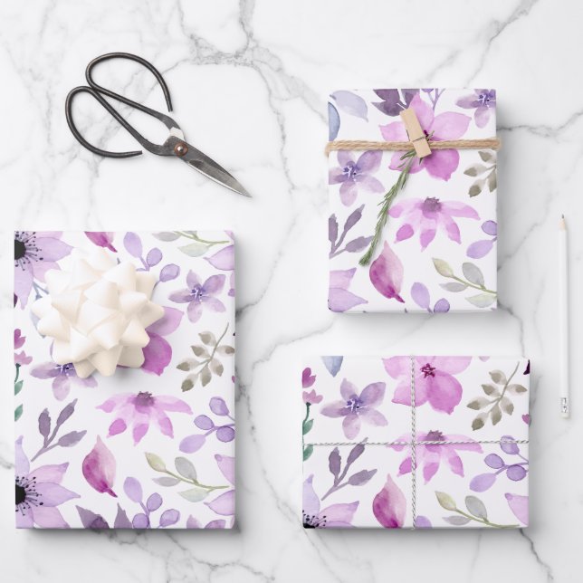 Elegant Pink and Purple Flower Pattern Wrapping Paper Sheet (Front)