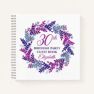 Elegant Pink and Purple Wreath 30th Birthday Party Notebook