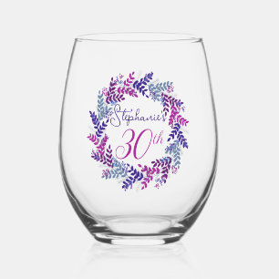 Elegant Pink and Purple Wreath 30th Birthday Party Stemless Wine Glass