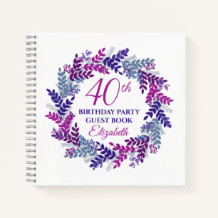 Elegant Pink and Purple Wreath 40th Birthday Party Notebook