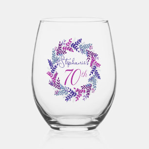 Elegant Pink and Purple Wreath 70th Birthday Party Stemless Wine Glass
