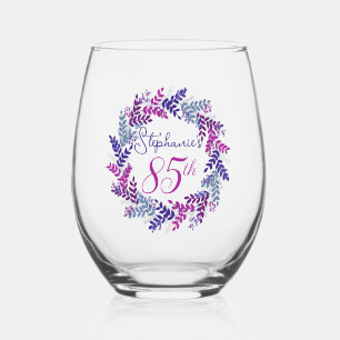 Elegant Pink and Purple Wreath 85th Birthday Party Stemless Wine Glass