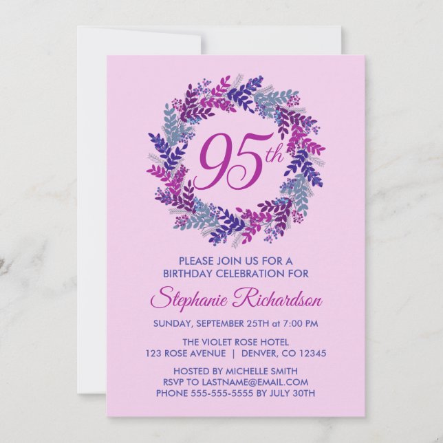 Elegant Pink and Purple Wreath 95th Birthday Invitation (Front)